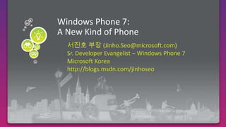 Windows Phone 7:A New Kind of Phone Required Slide 서진호 부장 (Jinho.Seo@microsoft.com) Sr. Developer Evangelist – Windows Phone 7 Microsoft Korea http://blogs.msdn.com/jinhoseo 
