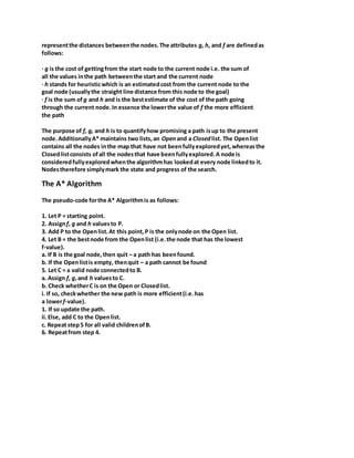 representthe distances betweenthe nodes.The attributes g, h, and f are definedas
follows:
· g is the cost of gettingfrom the start node to the current node i.e. the sum of
all the values inthe path betweenthe start and the current node
· h stands for heuristicwhich is an estimatedcost from the current node to the
goal node (usuallythe straight line distance from this node to the goal)
· f is the sum of g and h and is the bestestimate of the cost of the path going
through the current node.In essence the lowerthe value of f the more efficient
the path
The purpose of f, g, and h is to quantifyhow promising a path isup to the present
node.AdditionallyA* maintains two lists,an Openand a Closedlist. The Openlist
contains all the nodes inthe map that have not beenfullyexploredyet,whereasthe
Closedlistconsists ofall the nodesthat have beenfullyexplored.A node is
consideredfullyexploredwhenthe algorithmhas lookedat every node linkedto it.
Nodestherefore simplymark the state and progress of the search.
The A* Algorithm
The pseudo-code forthe A* Algorithmis as follows:
1. Let P = starting point.
2. Assignf, g and h valuesto P.
3. Add P to the Openlist.At this point,P is the onlynode on the Open list.
4. Let B = the bestnode from the Openlist (i.e.the node that has the lowest
f-value).
a. If B is the goal node,then quit – a path has beenfound.
b. If the Openlistis empty, thenquit – a path cannot be found
5. Let C = a valid node connectedto B.
a. Assign f, g,and h valuesto C.
b. Check whetherC is on the Open or Closedlist.
i. If so, checkwhether the new path is more efficient(i.e.has
a lowerf-value).
1. If so update the path.
ii.Else, add C to the Openlist.
c. Repeat step5 for all valid childrenofB.
6. Repeatfrom step 4.
 