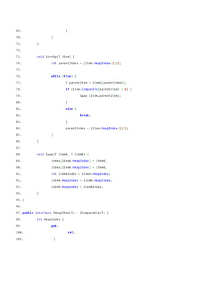 69. }
70. }
71. }
72.
73. void SortUp(T item) {
74. int parentIndex = (item.HeapIndex-1)/2;
75.
76. while (true) {
77. T parentItem = items[parentIndex];
78. if (item.CompareTo(parentItem) > 0) {
79. Swap (item,parentItem);
80. }
81. else {
82. break;
83. }
84. parentIndex = (item.HeapIndex-1)/2;
85. }
86. }
87.
88. void Swap(T itemA, T itemB) {
89. items[itemA.HeapIndex] = itemB;
90. items[itemB.HeapIndex] = itemA;
91. int itemAIndex = itemA.HeapIndex;
92. itemA.HeapIndex = itemB.HeapIndex;
93. itemB.HeapIndex = itemAIndex;
94. }
95. }
96.
97. public interface IHeapItem<T> : IComparable<T> {
98. int HeapIndex {
99. get;
100. set;
101. }
 