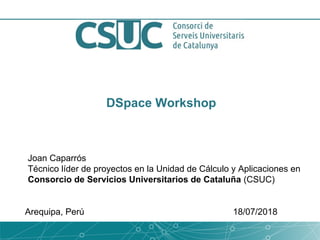 DSpace Workshop
Joan Caparrós
Técnico líder de proyectos en la Unidad de Cálculo y Aplicaciones en
Consorcio de Servicios Universitarios de Cataluña (CSUC)
Arequipa, Perú 18/07/2018
 