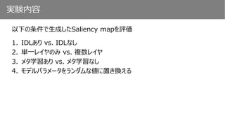 実験内容
以下の条件で生成したSaliency mapを評価
1. IDLあり vs. IDLなし
2. 単一レイヤのみ vs. 複数レイヤ
3. メタ学習あり vs. メタ学習なし
4. モデルパラメータをランダムな値に置き換える
 