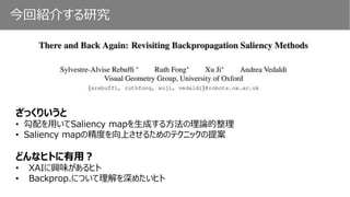 今回紹介する研究
ざっくりいうと
• 勾配を用いてSaliency mapを生成する方法の理論的整理
• Saliency mapの精度を向上させるためのテクニックの提案
どんなヒトに有用？
• XAIに興味があるヒト
• Backprop.について理解を深めたいヒト
 
