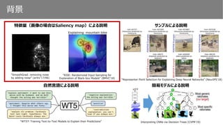 背景
特徴量（画像の場合はSaliency map）による説明 サンプルによる説明
自然言語による説明 簡易モデルによる説明
“WT5?! Training Text-to-Text Models to Explain their Predictions”
“Representer Point Selection for Explaining Deep Neural Networks” (NeurIPS'18)
Interpreting CNNs via Decision Trees (CVPR’19)
“RISE: Randomized Input Sampling for
Explanation of Black-box Models” (BMVC’18)
“SmoothGrad: removing noise
by adding noise” (arXiv’17/06)
 