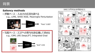 背景
• 摂動ベース：入出力の応答を調べる
e.g., LIME, SHAP, RISE, Meaningful Perturbation
• 勾配ベース：スコアへの寄与を逆伝播して求める
e.g., CAM, LRP, DeepLIFT, Integrated Grad
“flute”: 0.007model
“bird”: 0.93
Saliency methods
model
XAIに入門するとまず起きること
 