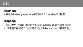 貢献
理論的貢献
• 複数のSaliency methodsを統合した”NormGrad”の提案
発見的貢献
• 各レイヤからの情報を統合させることでSaliency mapの精度を向上
• メタ学習におけるテクニックの導入によりSaliency mapの精度を向上
 