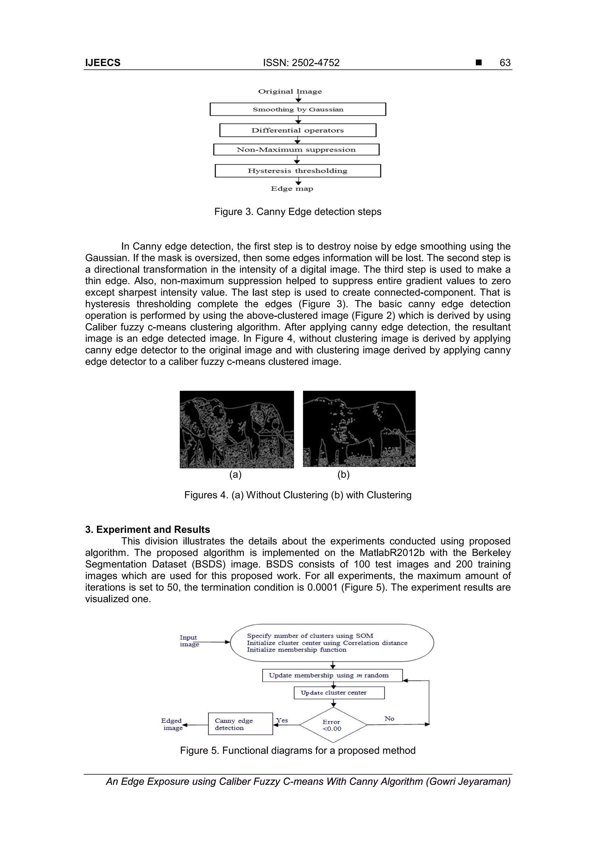 IJEECS ISSN: 2502-4752 
An Edge Exposure using Caliber Fuzzy C-means With Canny Algorithm (Gowri Jeyaraman)
63
Figure 3. Canny Edge detection steps
In Canny edge detection, the first step is to destroy noise by edge smoothing using the
Gaussian. If the mask is oversized, then some edges information will be lost. The second step is
a directional transformation in the intensity of a digital image. The third step is used to make a
thin edge. Also, non-maximum suppression helped to suppress entire gradient values to zero
except sharpest intensity value. The last step is used to create connected-component. That is
hysteresis thresholding complete the edges (Figure 3). The basic canny edge detection
operation is performed by using the above-clustered image (Figure 2) which is derived by using
Caliber fuzzy c-means clustering algorithm. After applying canny edge detection, the resultant
image is an edge detected image. In Figure 4, without clustering image is derived by applying
canny edge detector to the original image and with clustering image derived by applying canny
edge detector to a caliber fuzzy c-means clustered image.
(a) (b)
Figures 4. (a) Without Clustering (b) with Clustering
3. Experiment and Results
This division illustrates the details about the experiments conducted using proposed
algorithm. The proposed algorithm is implemented on the MatlabR2012b with the Berkeley
Segmentation Dataset (BSDS) image. BSDS consists of 100 test images and 200 training
images which are used for this proposed work. For all experiments, the maximum amount of
iterations is set to 50, the termination condition is 0.0001 (Figure 5). The experiment results are
visualized one.
Figure 5. Functional diagrams for a proposed method
 