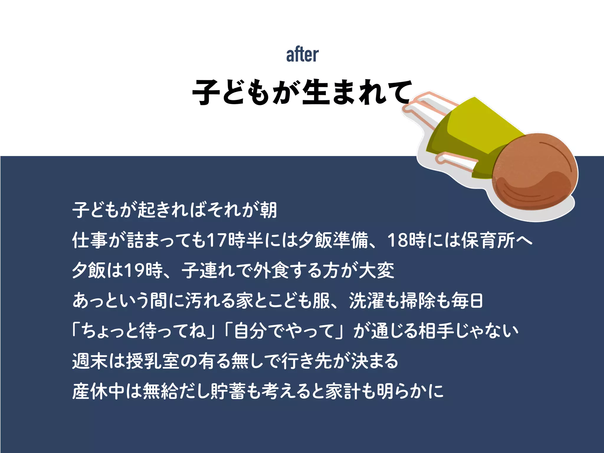 子どもが起きればそれが朝
仕事が詰まっても17時半には夕飯準備、18時には保育所へ
夕飯は19時、子連れで外食する方が大変
あっという間に汚れる家とこども服、洗濯も掃除も毎日
「ちょっと待ってね」「自分でやって」が通じる相手じゃない
週末は授乳室の有る無しで行き先が決まる
産休中は無給だし貯蓄も考えると家計も明らかに
子どもが生まれて
after
 