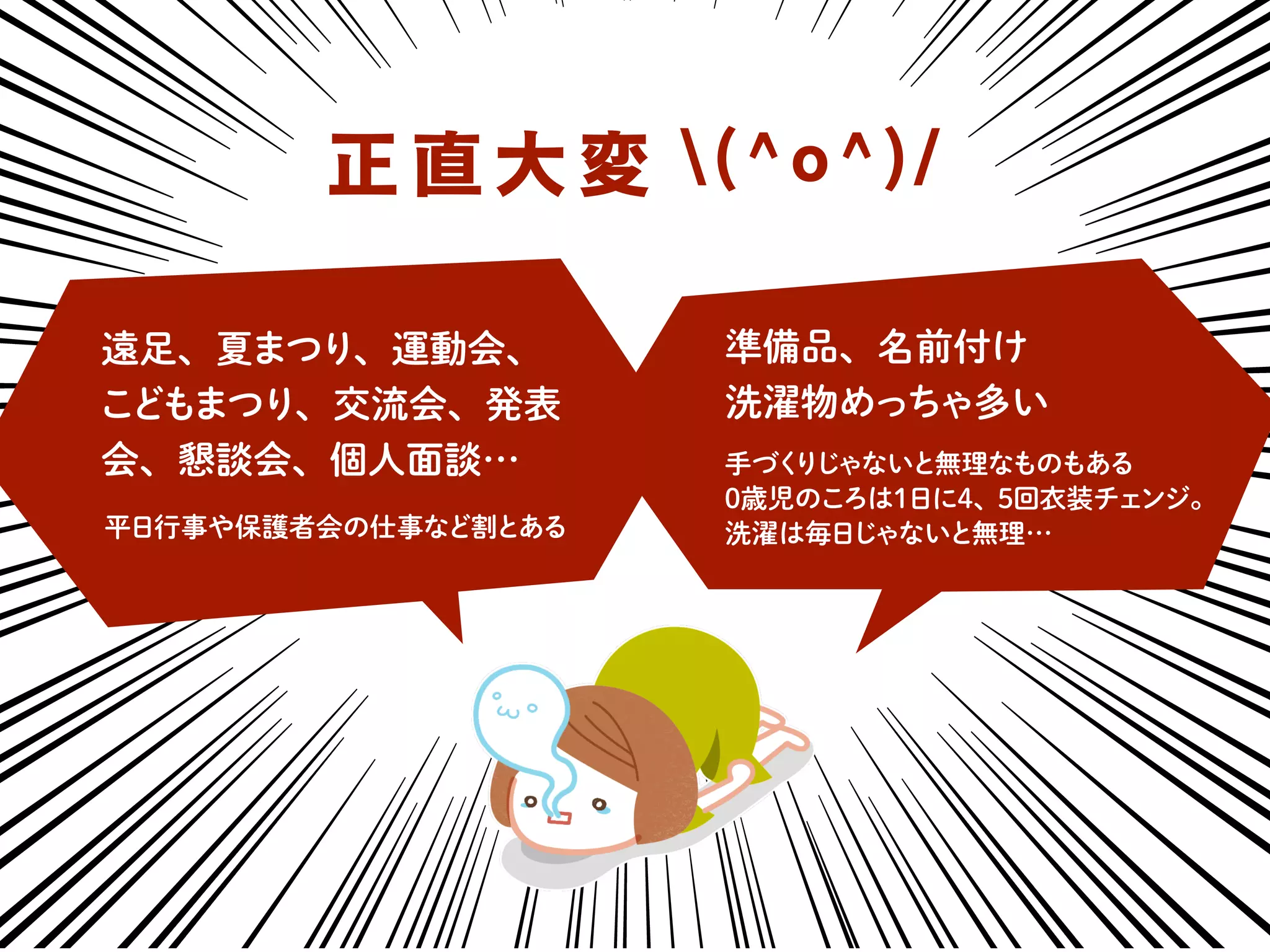 遠足、夏まつり、運動会、
こどもまつり、交流会、発表
会、懇談会、個人面談…
準備品、名前付け
洗濯物めっちゃ多い
平日行事や保護者会の仕事など割とある
手づくりじゃないと無理なものもある
0歳児のころは1日に4、５回衣装チェンジ。
洗濯は毎日じゃないと無理…
正直大変 (^o^)/
 