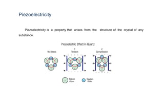Piezoelectricity
Piezoelectricity is a property that arises from the structure of the crystal of any
substance.
 