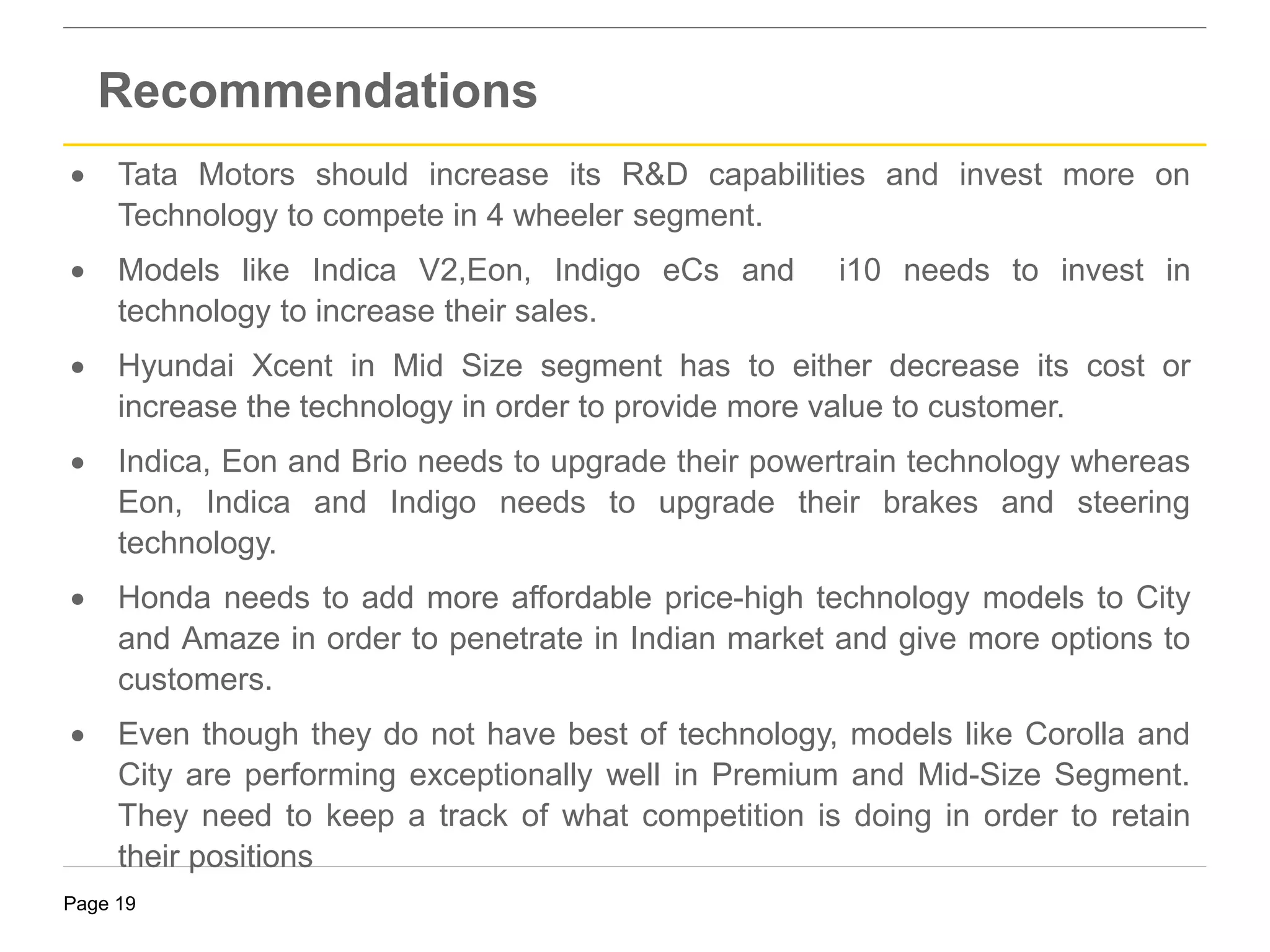 Page 19
 Tata Motors should increase its R&D capabilities and invest more on
Technology to compete in 4 wheeler segment.
 Models like Indica V2,Eon, Indigo eCs and i10 needs to invest in
technology to increase their sales.
 Hyundai Xcent in Mid Size segment has to either decrease its cost or
increase the technology in order to provide more value to customer.
 Indica, Eon and Brio needs to upgrade their powertrain technology whereas
Eon, Indica and Indigo needs to upgrade their brakes and steering
technology.
 Honda needs to add more affordable price-high technology models to City
and Amaze in order to penetrate in Indian market and give more options to
customers.
 Even though they do not have best of technology, models like Corolla and
City are performing exceptionally well in Premium and Mid-Size Segment.
They need to keep a track of what competition is doing in order to retain
their positions
Recommendations
 