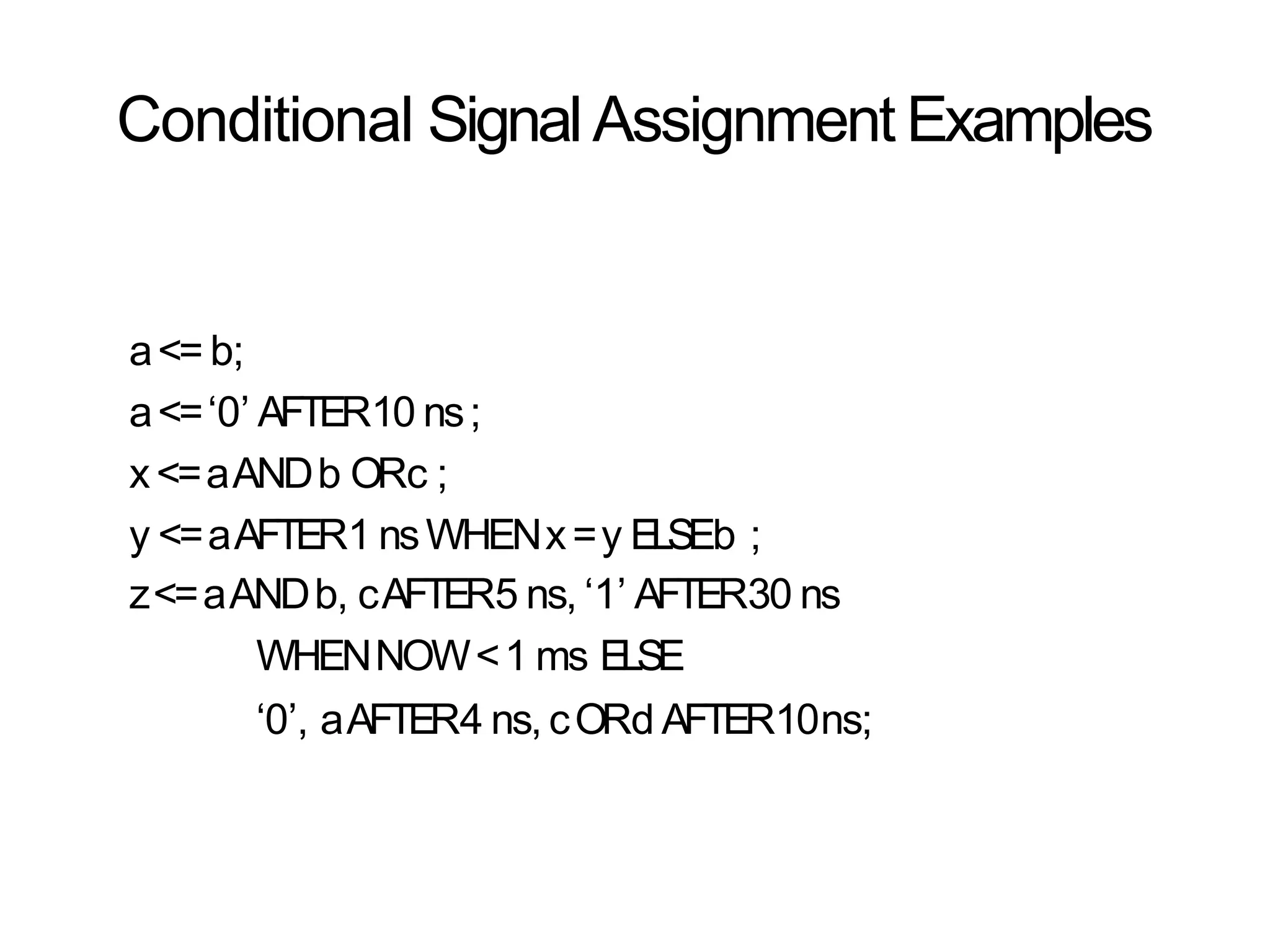 Conditional Signal Assignment Examples
a<= b;
a<=‘0’ AFTER10 ns;
x<=aANDb ORc ;
y <=aAFTER1 nsWHENx=y ELSEb ;
z<=aANDb, cAFTER5 ns, ‘1’ AFTER30 ns
WHENNOW<1 ms ELSE
‘0’, aAFTER4 ns, cORd AFTER10ns;
 