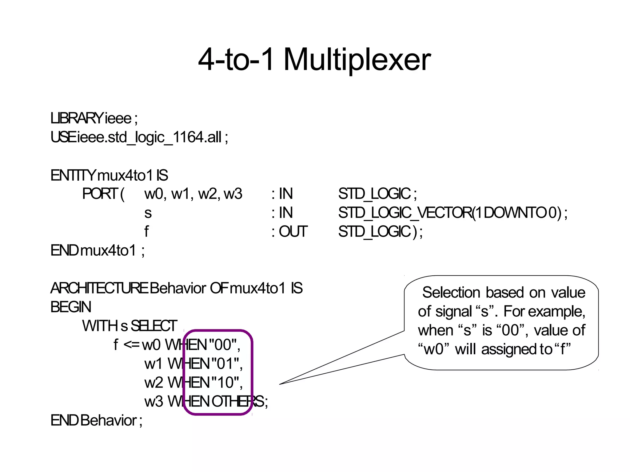 4-to-1 Multiplexer
LIBRARYieee;
USEieee.std_logic_1164.all ;
ENTITYmux4to1IS
PORT( w0, w1, w2, w3 : IN STD_LOGIC;
s : IN STD_LOGIC_VECTOR(1DOWNTO0);
f : OUT STD_LOGIC);
ENDmux4to1 ;
ARCHITECTUREBehavior OFmux4to1 IS
BEGIN
WITHsSELECT
f <=w0 WHEN"00",
w1 WHEN"01",
w2 WHEN"10",
w3 WHENOTHERS;
ENDBehavior;
Selection based on value
of signal “s”. For example,
when “s” is “00”, value of
“w0” will assignedto“f”
 