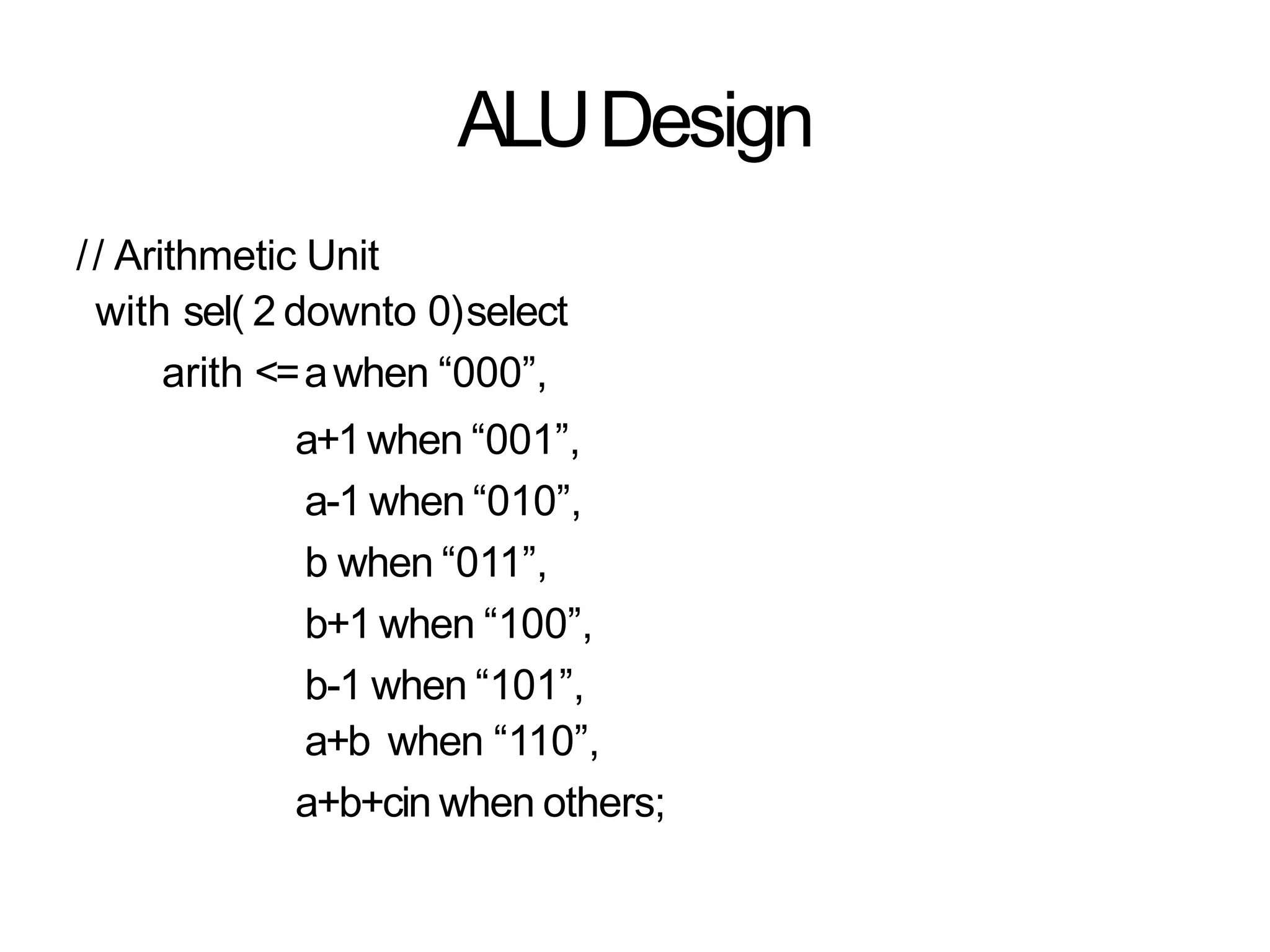 ALUDesign
// Arithmetic Unit
with sel( 2 downto 0)select
arith <=awhen “000”,
a+1when “001”,
a-1 when “010”,
b when “011”,
b+1 when “100”,
b-1 when “101”,
a+b when “110”,
a+b+cin when others;
 