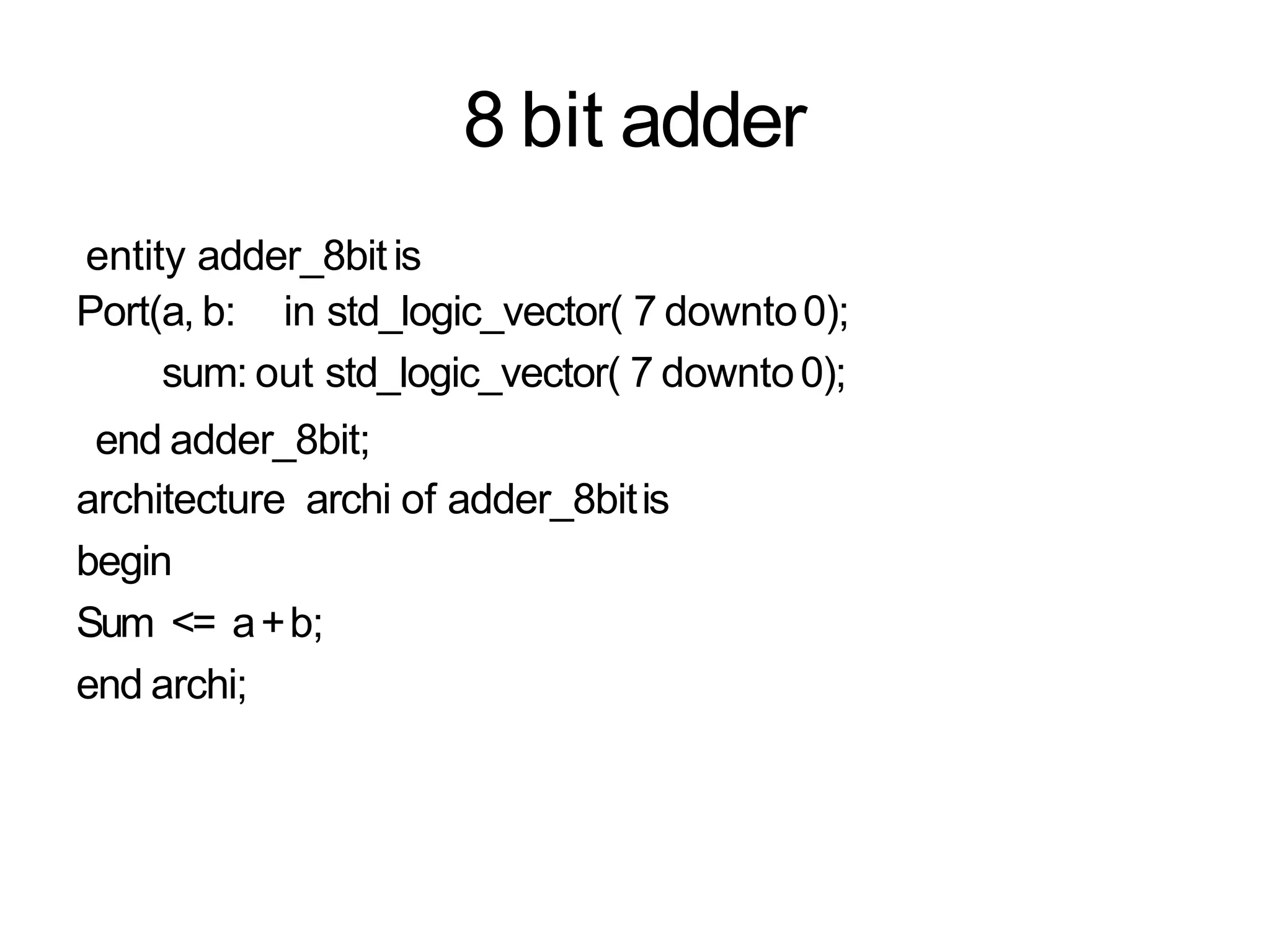 8 bit adder
entity adder_8bitis
Port(a, b: in std_logic_vector( 7 downto0);
sum: out std_logic_vector( 7 downto0);
end adder_8bit;
architecture archi of adder_8bitis
begin
Sum <= a+b;
end archi;
 