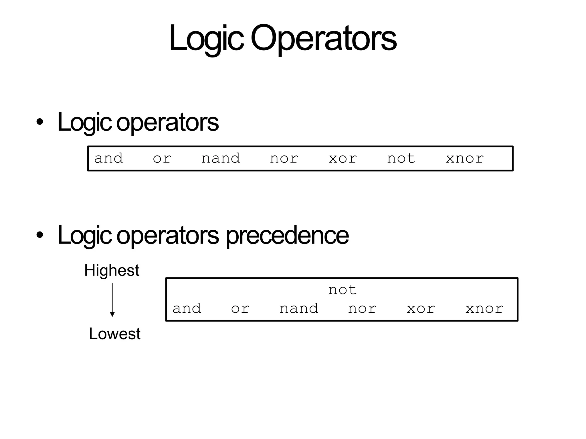 LogicOperators
• Logicoperators
• Logic operators precedence
and or nand nor xor not xnor
Highest
not
and or nand nor xor xnor
Lowest
 
