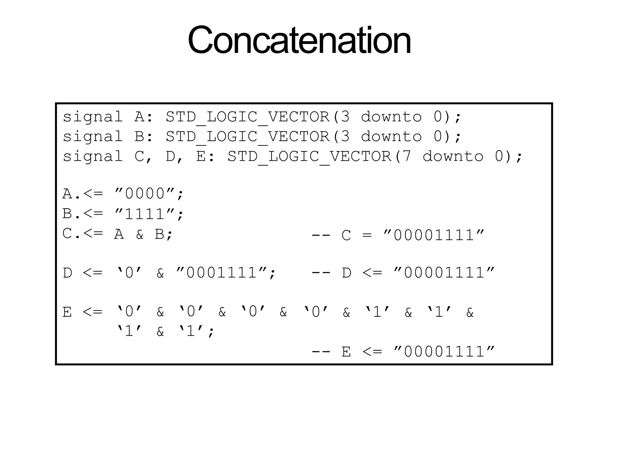 Concatenation
signal A: STD_LOGIC_VECTOR(3 downto 0);
signal B: STD_LOGIC_VECTOR(3 downto 0);
signal C, D, E: STD_LOGIC_VECTOR(7 downto 0);
A.<=
B.<=
C.<=
”0000”;
”1111”;
A & B; -- C = ”00001111”
D <= ‘0’ & ”0001111”; -- D <= ”00001111”
E <= ‘0’ & ‘0’ & ‘0’ &
‘1’ & ‘1’;
‘0’
--
&
E
‘1’ & ‘1’ &
<= ”00001111”
 