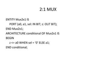 2:1 MUX
ENTITY Mux2x1 IS
PORT (a0, a1, sel: IN BIT; z: OUT BIT);
END Mux2x1;
ARCHITECTURE conditional OF Mux2x1 IS
BEGIN
z <= a0 WHEN sel = ‘0’ ELSE a1;
END conditional;
 