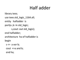 Half adder
library ieee;
use ieee.std_logic_1164.all;
entity halfadder is
port(a ,b: in std_logic;
s,cout: out std_logic);
end halfadder;
architecture ha of halfadder is
begin
s <= a xor b;
cout <=a and b;
end ha;
 