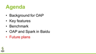 Agenda
• Background for OAP
• Key features
• Benchmark
• OAP and Spark in Baidu
• Future plans
 