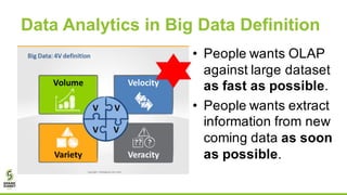 Data Analytics in Big Data Definition
• People wants OLAP
against large dataset
as fast as possible.
• People wants extrac...