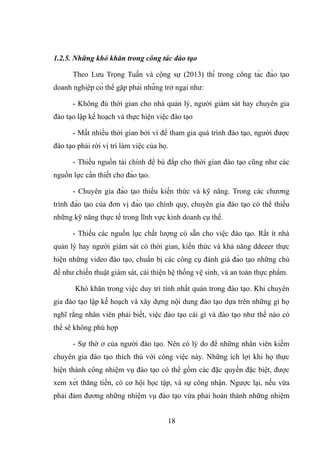 1.2.5. Những khó khăn trong công tác đào tạo
Theo Lưu Trọng Tuấn và cộng sự (2013) thì trong công tác đào tạo
doanh nghiệp có thể gặp phải những trở ngại như:
- Không đủ thời gian cho nhà quản lý, người giám sát hay chuyên gia
đào tạo lập kế hoạch và thực hiện việc đào tạo
- Mất nhiều thời gian bởi vì để tham gia quá trình đào tạo, người được
đào tạo phải rời vị trí làm việc của họ.
- Thiếu nguồn tài chính để bù đắp cho thời gian đào tạo cũng như các
nguồn lực cần thiết cho đào tạo.
- Chuyên gia đào tạo thiếu kiến thức và kỹ năng. Trong các chương
trình đào tạo của đơn vị đào tạo chính quy, chuyên gia đào tạo có thể thiếu
những kỹ năng thực tế trong lĩnh vực kinh doanh cụ thể.
- Thiếu các nguồn lực chất lượng có sẵn cho việc đào tạo. Rất ít nhà
quản lý hay người giám sát có thời gian, kiến thức và khả năng ddeeer thực
hiện những video đào tạo, chuẩn bị các công cụ đánh giá đào tạo những chủ
đề như chiến thuật giám sát, cải thiện hệ thống vệ sinh, và an toàn thực phẩm.
Khó khăn trong việc duy trì tính nhất quán trong đào tạo. Khi chuyên
gia đào tạo lập kế hoạch và xây dựng nội dung đào tạo dựa trên những gì họ
nghĩ rằng nhân viên phải biết, việc đào tạo cái gì và đào tạo như thế nào có
thể sẽ không phù hợp
- Sự thờ ơ của người đào tạo. Nên có lý do để những nhân viên kiếm
chuyên gia đào tạo thích thú với công việc này. Những ích lợi khi họ thực
hiện thành công nhiệm vụ đào tạo có thể gồm các đặc quyền đặc biệt, được
xem xét thăng tiến, có cơ hội học tập, và sự công nhận. Ngược lại, nếu vừa
phải đảm đương những nhiệm vụ đào tạo vừa phải hoàn thành những nhiệm
18
 