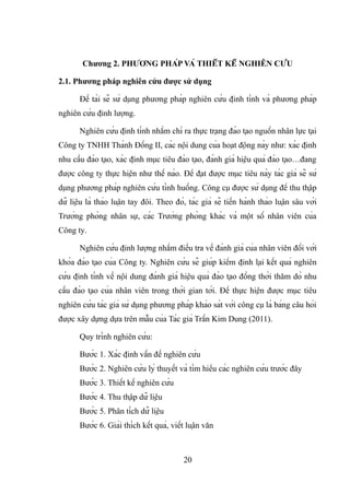 Chương 2. PHƯƠNG PHÁP VÀ THIẾT KẾ NGHIÊN CỨU
2.1. Phương pháp nghiên cứu được sử dụng
Đề tài sẽ sử dụng phương pháp nghiên cứu định tính và phương pháp
nghiên cứu định lượng.
Nghiên cứu định tính nhằm chỉ ra thực trạng đào tạo nguồn nhân lực tại
Công ty TNHH Thành Đồng II, các nội dung của hoạt động này như: xác định
nhu cầu đào tạo, xác định mục tiêu đào tạo, đánh giá hiệu quả đào tạo…đang
được công ty thực hiện như thế nào. Để đạt được mục tiêu này tác giả sẽ sử
dụng phương pháp nghiên cứu tình huống. Công cụ được sử dụng để thu thập
dữ liệu là thảo luận tay đôi. Theo đó, tác giả sẽ tiến hành thảo luận sâu với
Trưởng phòng nhân sự, các Trưởng phòng khác và một số nhân viên của
Công ty.
Nghiên cứu định lượng nhằm điều tra về đánh giá của nhân viên đối với
khóa đào tạo của Công ty. Nghiên cứu sẽ giúp kiểm định lại kết quả nghiên
cứu định tính về nội dung đánh giá hiệu quả đào tạo đồng thời thăm dò nhu
cầu đào tạo của nhân viên trong thời gian tới. Để thực hiện được mục tiêu
nghiên cứu tác giả sử dụng phương pháp khảo sát với công cụ là bảng câu hỏi
được xây dựng dựa trên mẫu của Tác giả Trần Kim Dung (2011).
Quy trình nghiên cứu:
Bước 1. Xác định vấn đề nghiên cứu
Bước 2. Nghiên cứu lý thuyết và tìm hiểu các nghiên cứu trước đây
Bước 3. Thiết kế nghiên cứu
Bước 4. Thu thập dữ liệu
Bước 5. Phân tích dữ liệu
Bước 6. Giải thích kết quả, viết luận văn
20
 