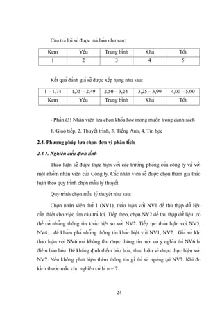 Câu trả lời sẽ được mã hóa như sau:
Kém Yếu Trung bình Khá Tốt
1 2 3 4 5
Kết quả đánh giá sẽ được xếp hạng như sau:
1 – 1,74 1,75 – 2,49 2,50 – 3,24 3,25 – 3,99 4,00 – 5,00
Kém Yếu Trung bình Khá Tốt
- Phần (3) Nhân viên lựa chọn khóa học mong muốn trong danh sách
1. Giao tiếp, 2. Thuyết trình, 3. Tiếng Anh, 4. Tin học
2.4. Phương pháp lựa chọn đơn vị phân tích
2.4.1. Nghiên cứu định tính
Thảo luận sẽ được thực hiện với các trưởng phòng của công ty và với
một nhóm nhân viên của Công ty. Các nhân viên sẽ được chọn tham gia thảo
luận theo quy trình chọn mẫu lý thuyết.
Quy trình chọn mẫu lý thuyết như sau:
Chọn nhân viên thứ 1 (NV1), thảo luận với NV1 để thu thập dữ liệu
cần thiết cho việc tìm câu trả lời. Tiếp theo, chọn NV2 để thu thập dữ liệu, có
thể có những thông tin khác biệt so với NV2. Tiếp tục thảo luận với NV3,
NV4….để khám phá những thông tin khác biệt với NV1, NV2. Giả sử khi
thảo luận với NV6 mà không thu được thông tin mới có ý nghĩa thì NV6 là
điểm bão hòa. Để khẳng định điểm bão hòa, thảo luận sẽ được thực hiện với
NV7. Nếu không phát hiện thêm thông tin gì thì sẽ ngừng tại NV7. Khi đó
kích thước mẫu cho nghiên cứ là n = 7.
24
 