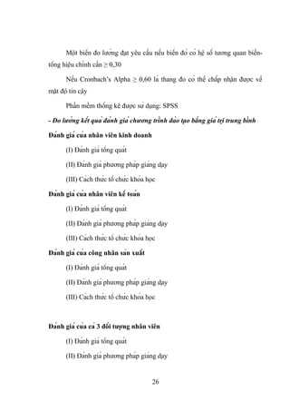 Một biến đo lường đạt yêu cầu nếu biến đó có hệ số tương quan biến-
tổng hiệu chỉnh cần ≥ 0,30
Nếu Cronbach’s Alpha ≥ 0,60 là thang đo có thể chấp nhận được về
mặt độ tin cậy
Phần mềm thống kê được sử dụng: SPSS
- Đo lường kết quả đánh giá chương trình đào tạo bằng giá trị trung bình
Đánh giá của nhân viên kinh doanh
(I) Đánh giá tổng quát
(II) Đánh giá phương pháp giảng dạy
(III) Cách thức tổ chức khóa học
Đánh giá của nhân viên kế toán
(I) Đánh giá tổng quát
(II) Đánh giá phương pháp giảng dạy
(III) Cách thức tổ chức khóa học
Đánh giá của công nhân sản xuất
(I) Đánh giá tổng quát
(II) Đánh giá phương pháp giảng dạy
(III) Cách thức tổ chức khóa học
Đánh giá của cả 3 đối tượng nhân viên
(I) Đánh giá tổng quát
(II) Đánh giá phương pháp giảng dạy
26
 