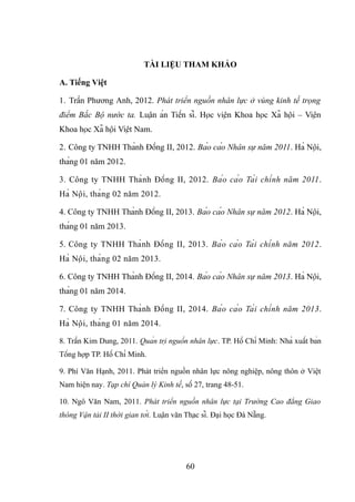TÀI LIỆU THAM KHẢO
A. Tiếng Việt
1. Trần Phương Anh, 2012. Phát triển nguồn nhân lực ở vùng kinh tế trọng
điểm Bắc Bộ nước ta. Luận án Tiến sĩ. Học viện Khoa học Xã hội – Viện
Khoa học Xã hội Việt Nam.
2. Công ty TNHH Thành Đồng II, 2012. Báo cáo Nhân sự năm 2011. Hà Nội,
tháng 01 năm 2012.
3. Công ty TNHH Thành Đồng II, 2012. Báo cáo Tài chính năm 2011.
Hà Nội, tháng 02 năm 2012.
4. Công ty TNHH Thành Đồng II, 2013. Báo cáo Nhân sự năm 2012. Hà Nội,
tháng 01 năm 2013.
5. Công ty TNHH Thành Đồng II, 2013. Báo cáo Tài chính năm 2012.
Hà Nội, tháng 02 năm 2013.
6. Công ty TNHH Thành Đồng II, 2014. Báo cáo Nhân sự năm 2013. Hà Nội,
tháng 01 năm 2014.
7. Công ty TNHH Thành Đồng II, 2014. Báo cáo Tài chính năm 2013.
Hà Nội, tháng 01 năm 2014.
8. Trần Kim Dung, 2011. Quản trị nguồn nhân lực. TP. Hồ Chí Minh: Nhà xuất bản
Tổng hợp TP. Hồ Chí Minh.
9. Phí Văn Hạnh, 2011. Phát triển nguồn nhân lực nông nghiệp, nông thôn ở Việt
Nam hiện nay. Tạp chí Quản lý Kinh tế, số 27, trang 48-51.
10. Ngô Văn Nam, 2011. Phát triển nguồn nhân lực tại Trường Cao đẳng Giao
thông Vận tải II thời gian tới. Luận văn Thạc sĩ. Đại học Đà Nẵng.
60
 