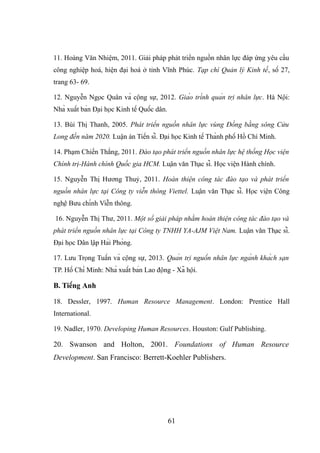 11. Hoàng Văn Nhiệm, 2011. Giải pháp phát triển nguồn nhân lực đáp ứng yêu cầu
công nghiệp hoá, hiện đại hoá ở tỉnh Vĩnh Phúc. Tạp chí Quản lý Kinh tế, số 27,
trang 63- 69.
12. Nguyễn Ngọc Quân và cộng sự, 2012. Giáo trình quản trị nhân lực. Hà Nội:
Nhà xuất bản Đại học Kinh tế Quốc dân.
13. Bùi Thị Thanh, 2005. Phát triển nguồn nhân lực vùng Đồng bằng sông Cửu
Long đến năm 2020. Luận án Tiến sĩ. Đại học Kinh tế Thành phố Hồ Chí Minh.
14. Phạm Chiến Thắng, 2011. Đào tạo phát triển nguồn nhân lực hệ thống Học viện
Chính trị-Hành chính Quốc gia HCM. Luận văn Thạc sĩ. Học viện Hành chính.
15. Nguyễn Thị Hương Thuỷ, 2011. Hoàn thiện công tác đào tạo và phát triển
nguồn nhân lực tại Công ty viễn thông Viettel. Luận văn Thạc sĩ. Học viện Công
nghệ Bưu chính Viễn thông.
16. Nguyễn Thị Thư, 2011. Một số giải pháp nhằm hoàn thiện công tác đào tạo và
phát triển nguồn nhân lực tại Công ty TNHH YA-AJM Việt Nam. Luận văn Thạc sĩ.
Đại học Dân lập Hải Phòng.
17. Lưu Trọng Tuấn và cộng sự, 2013. Quản trị nguồn nhân lực ngành khách sạn
TP. Hồ Chí Minh: Nhà xuất bản Lao động - Xã hội.
B. Tiếng Anh
18. Dessler, 1997. Human Resource Management. London: Prentice Hall
International.
19. Nadler, 1970. Developing Human Resources. Houston: Gulf Publishing.
20. Swanson and Holton, 2001. Foundations of Human Resource
Development. San Francisco: Berrett-Koehler Publishers.
61
 