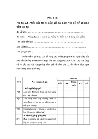 PHỤ LỤC
Phụ lục 2.1. Phiếu điều tra về đánh giá của nhân viên đối với chương
trình đào tạo
Họ và tên:………………………………………………………… ………
Bộ phận: 1. Phòng Kinh doanh □ 2. Phòng Kế toán □ 3. Xưởng sản xuất □
Tên khóa đào tạo: …………………………………………………………
Nơi đào tạo: …………………………………………………………………
Tên giảng viên: ………………………………………………………………
Nhằm đánh giá hiệu quả và nâng cao chất lượng đào tạo ngày càng tốt
hơn để đáp ứng theo nhu cầu thực tiễn của công việc, xin Anh / Chị vui lòng
trả lời các câu hỏi trong bảng đánh giá và đánh dấu X vào các ô thích hợp
theo thang điểm dưới đây:
STT Nội dung đánh giá
Mức độ
Kém Yếu
Trung
bình
Khá Tốt
I. Đánh giá tổng quát
TQ1 Anh (chị) đánh giá chung về chất lượng
của khóa đào tạo?
TQ2 Anh (chị) nhận thấy chương trình có
xứng đáng với các chi phí về tiền bạc và
thời gian không?
TQ3 Nhận xét chung về những gì anh (chị) đã
học thêm được ở khóa học?
II. Phương pháp giảng dạy
PP4 Mức độ rõ ràng, dễ hiểu trong cách trình
bày bài giảng của giảng viên
 