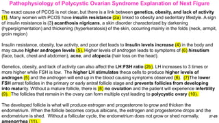 27-20
Pathophysiology of Polycystic Ovarian Syndrome Explanation of Next Figure
The exact cause of PCOS is not clear, but there is a link between genetics, obesity, and lack of activity
(1). Many women with PCOS have insulin resistance (2a) linked to obesity and sedentary lifestyle. A sign
of insulin resistance is (3) acanthosis nigricans, a skin disorder characterized by darkening
(hyperpigmentation) and thickening (hyperkeratosis) of the skin, occurring mainly in the folds (neck, armpit,
groin region)
Insulin resistance, obesity, low activity, and poor diet leads to Insulin levels increase (4) in the body and
may cause higher androgen levels (5). Higher levels of androgen leads to symptoms of (6) hirsutism
(face, back, chest and abdomen), acne, and alopecia (hair loss on the head).
Genetics, obesity, and lack of activity can also affect the LH:FSH ratio (2b). LH increases to 3 times or
more higher while FSH is low. The higher LH stimulates theca cells to produce higher levels of
androgen (5) and the androgen will end up in the blood causing symptoms observed (6). (7)The lower
FSH arrest follicles in the primary or early antral follicle stage and prevents follicles from developing
into maturity. Without a mature follicle, there is (8) no ovulation and the patient will experience infertility
(9). The follicles that remain in the ovary can form multiple cyst leading to polycystic ovary (10).
The developed follicle is what will produce estrogen and progesterone to grow and thicken the
endometrium. When the follicle becomes corpus albicans, the estrogen and progesterone drops and the
endometrium is shed. Without a follicular cycle, the endometrium does not grow or shed normally,
amenorrhea (11).
 