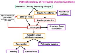 Genetics, Obesity, Sedentary lifestyle
Insulin Resistance
LH:FSH ratio
Insulin production
Androgen
Arrest in antral
follicle development
Anovulation Polycystic ovaries
Fertility Amenorrhea
Pathophysiology of Polycystic Ovarian Syndrome
Hirsutism, Acne,
& Alopecia
Acanthosis
nigricans
Abnormal feedback
from excess
androgen promotes
LH>>>FSH
 