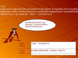 ธรรมที่ควรรู้ เรื่อง ขันธ์ 5 และ
โลกธรรม8 นักเรียนจะได้ศึกษำ
ในชั่วโมงหน้ำต่อไปนะค่ะ
ควรรู้ )
มไม่สบำยกำย ไม่สบำยใจ ได้แก่ ควำมจริงว่ำด้วยควำมทุกข์ ควำมทุกข์นี้ แม้ว่ำบำงกรณีจะข
หม่ได้อีกเสมอ ดังนั้น เรำจึงต้องไม่ประมำท และพร้อมที่จะเผชิญหน้ำกับควำมจริงข้อนี้ ดังนั้น
วรรู้นั้นมีมำกมำย เช่น หลักธรรม “ ขันธ์ 5 ” และโลกธรรม 8
คำำถำม “ ทุกข์ ” หมำยถึงอะไร
คำำตอบ
.......................................................................................
คำำถำม ธรรมที่ควรรู้ในอริยสัจ ( ข้อทุกข์ ) คืออะไร
คำำตอบ .........................................................................
 