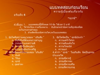 แบบทดสอบก่อนเรียน
ควำมรู้เบื้องต้นเกี่ยวกับ
อริยสัจ 4
“ทุกข์”
คำำชี้แจง 1. แบบทดสอบนี้มีทั้งหมด 10 ข้อ ใช้เวลำ 5 นำที
2. ให้ นักเรียน กำเครื่องหมำย  ทับอักษรหน้ำข้อควำมที่ถูกต้องที่สุด
ลงในกระดำษคำำตอบ
3. ห้ำมขีดเขียนข้อควำมใดๆ ลงในแบบทดสอบ
1. ข้อใดคือควำมหมำยของ “ อริยสัจ ”
ก. สิ่งที่เป็นที่ตั้งแห่งกำรทำำบุญ
ข. รำกเหง้ำแห่งควำมดี
ค. ธรรมที่เป็นสัตบุสุมำ
ง. ควำมจริงอันประเสริฐ
2. ข้อใดคือองค์ประกอบของ “อริยสัจ”
ก. ขันติ
ข. วิริยะ
ค. ทุกข์
ง. อุตสำหะ
3. ข้อใดจัดเป็น “ ทุกข์ประจำำ ”
ก. ควำมเศร้ำโศรก
ข. ควำมคับแค้นใจ
ค . ควำมโทมนัส
ง. ควำมแก่
4.คำำว่ำ “ ทุกข์ ” ในอริยสัจ จัดเป็นธรรม
ประเภทใด
ก. ธรรมที่ควรรู้
ข. ธรรมที่ควรละ
ค. ธรรมที่ควรเสริม
ง. ธรรมที่ควรบรรลุ
 