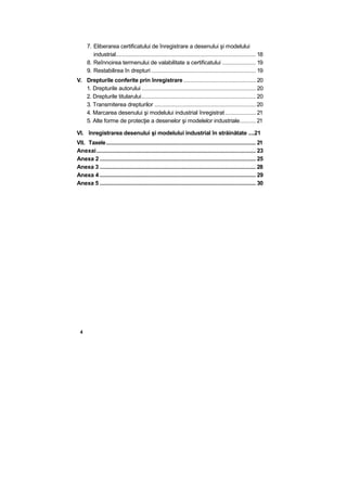 7. Eliberarea certificatului de înregistrare a desenului şi modelului
industrial....................................................................................... 18
8. Reînnoirea termenului de valabilitate a certificatului ..................... 19
9. Restabilirea în drepturi ................................................................. 19
V. Drepturile conferite prin înregistrare............................................. 20
1. Drepturile autorului ....................................................................... 20
2. Drepturile titularului....................................................................... 20
3. Transmiterea drepturilor ............................................................... 20
4. Marcarea desenului şi modelului industrial înregistrat ................... 21
5. Alte forme de protecţie a desenelor şi modelelor industriale.......... 21
VI. înregistrarea desenului şi modelului industrial în străinătate ....21
VII. Taxele............................................................................................. 21
Anexai................................................................................................... 23
Anexa 2 ................................................................................................. 25
Anexa 3 ................................................................................................. 28
Anexa 4 ................................................................................................. 29
Anexa 5 ................................................................................................. 30
4
 