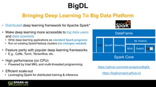 BigDL
Bringing Deep Learning To Big Data Platform
https://github.com/intel-analytics/BigDL
Spark Core
DataFrame
https://bigdl-project.github.io/
• Distributed deep learning framework for Apache Spark*
• Make deep learning more accessible to big data users
and data scientists
• Write deep learning applications as standard Spark programs
• Run on existing Spark/Hadoop clusters (no changes needed)
• Feature parity with popular deep learning frameworks
• E.g., Caffe, Torch, Tensorflow, etc.
• High performance (on CPU)
• Powered by Intel MKL and multi-threaded programming
• Efficient scale-out
• Leveraging Spark for distributed training & inference
Spark Core
SQL SparkR Streaming
MLlib GraphX
ML Pipeline
DataFrame
 