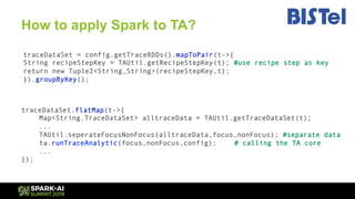 How to apply Spark to TA?
traceDataSet = config.getTraceRDDs().mapToPair(t->{
String recipeStepKey = TAUtil.getRecipeStepK...