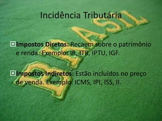 Incidência Tributária
Impostos Diretos: Recaem sobre o patrimônio
e renda. Exemplo: IR, ITR, IPTU, IGF.
Impostos Indiretos: Estão incluídos no preço
de venda. Exemplo: ICMS, IPI, ISS, II.

 