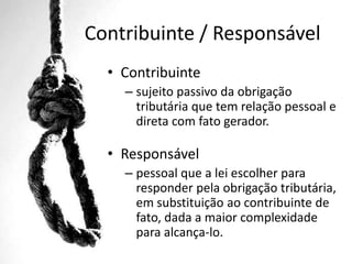 Contribuinte / Responsável
• Contribuinte
– sujeito passivo da obrigação
tributária que tem relação pessoal e
direta com fato gerador.

• Responsável
– pessoal que a lei escolher para
responder pela obrigação tributária,
em substituição ao contribuinte de
fato, dada a maior complexidade
para alcança-lo.

 