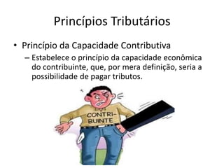 Princípios Tributários
• Princípio da Capacidade Contributiva
– Estabelece o princípio da capacidade econômica
do contribuinte, que, por mera definição, seria a
possibilidade de pagar tributos.

 
