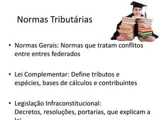 Normas Tributárias
• Normas Gerais: Normas que tratam conflitos
entre entres federados
• Lei Complementar: Define tributos e
espécies, bases de cálculos e contribuintes
• Legislação Infraconstitucional:
Decretos, resoluções, portarias, que explicam a

 