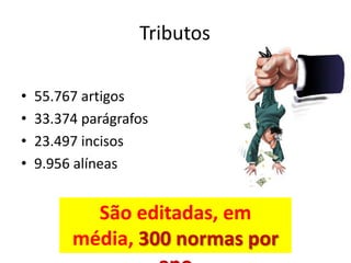 Tributos
•
•
•
•

55.767 artigos
33.374 parágrafos
23.497 incisos
9.956 alíneas

São editadas, em
média, 300 normas por

 