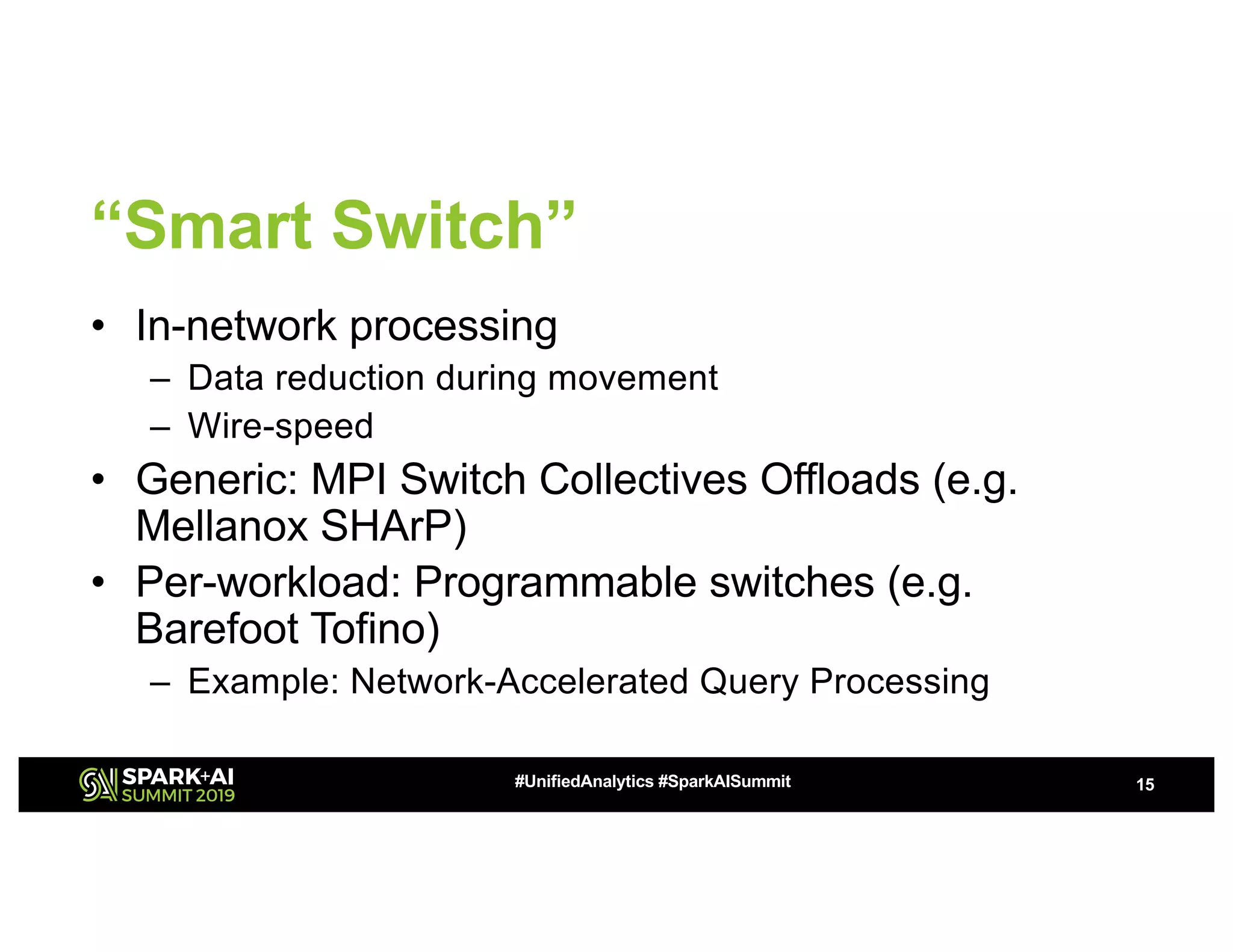 “Smart Switch”
• In-network processing
– Data reduction during movement
– Wire-speed
• Generic: MPI Switch Collectives Offloads (e.g.
Mellanox SHArP)
• Per-workload: Programmable switches (e.g.
Barefoot Tofino)
– Example: Network-Accelerated Query Processing
15#UnifiedAnalytics #SparkAISummit
 