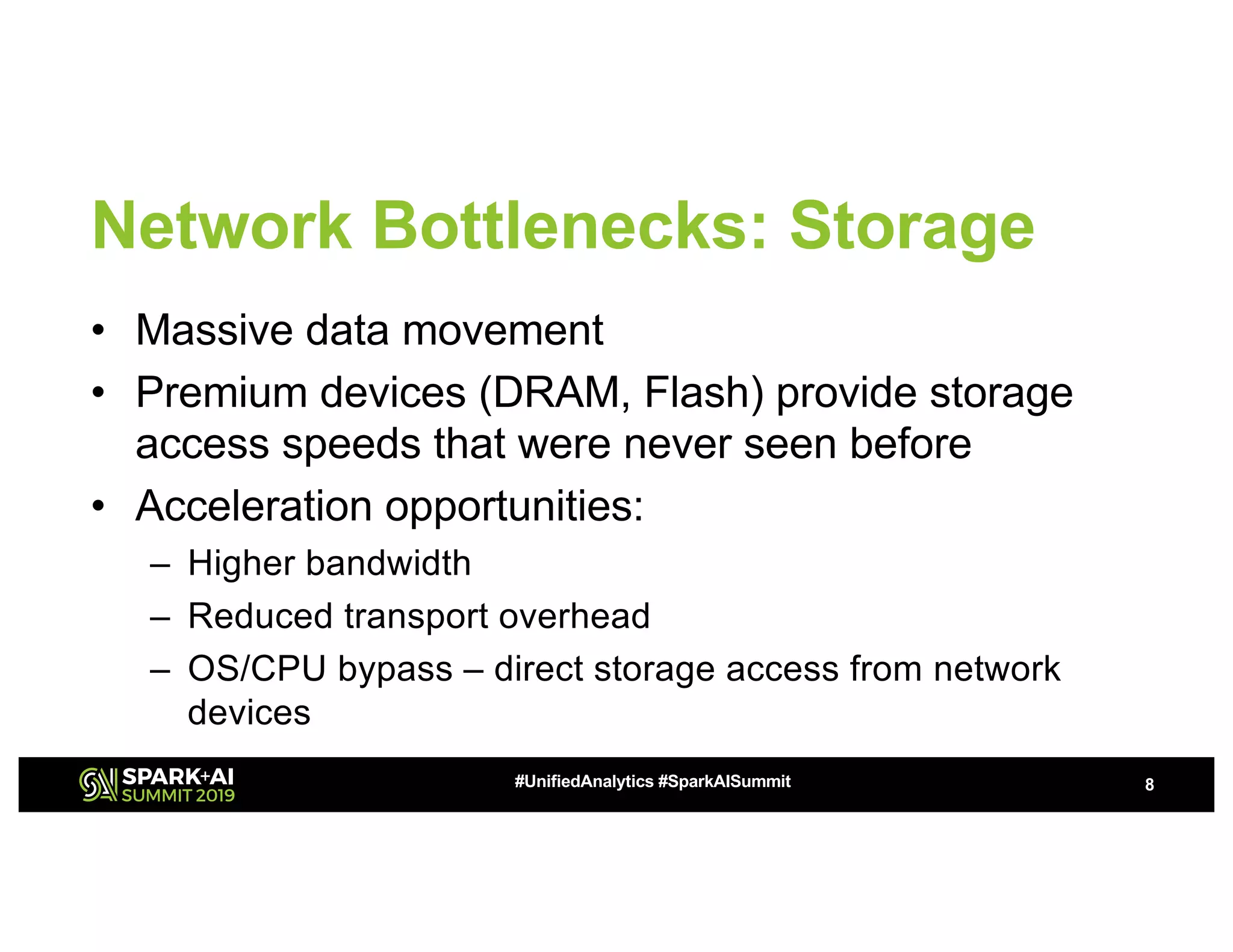 Network Bottlenecks: Storage
• Massive data movement
• Premium devices (DRAM, Flash) provide storage
access speeds that were never seen before
• Acceleration opportunities:
– Higher bandwidth
– Reduced transport overhead
– OS/CPU bypass – direct storage access from network
devices
8#UnifiedAnalytics #SparkAISummit
 