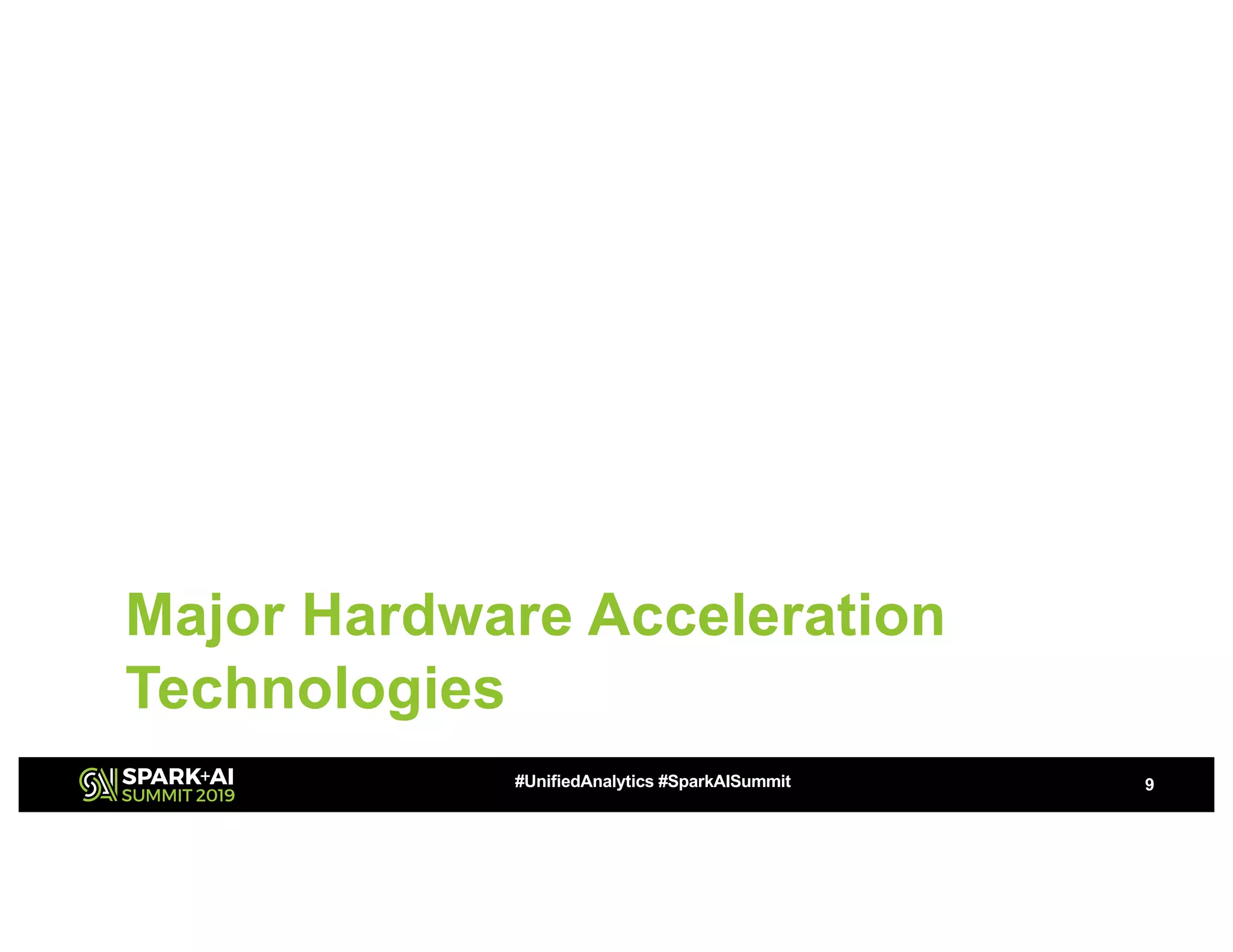 Major Hardware Acceleration
Technologies
9#UnifiedAnalytics #SparkAISummit
 