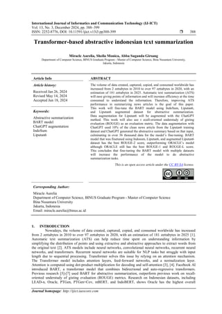 Transformer-based abstractive indonesian text summarization | PDF