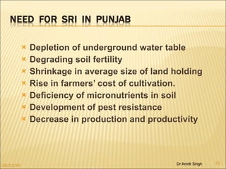 <ul><li>Depletion of underground water table </li></ul><ul><li>Degrading soil fertility </li></ul><ul><li>Shrinkage in ave...