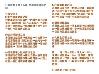 行程推薦：六天五夜-台灣高山跨島之
旅
行程安排：
D1新竹客家老街之旅
台北車站或市區飯店→內灣老街→北埔
老街(擂茶DIY) (四人以上每人)→卓也
小屋→勝興車站→龍騰斷橋→逢甲夜市
→(宿)市區飯店或民宿
D2日月潭遊湖之旅
市區飯店或民宿→紙教堂→中台禪寺→
日月潭風景區(乘船游湖)→玄光寺→伊
達邵逐鹿市集→水社碼頭商圈→涵碧步
道賞景→(宿)市區飯店或民宿
D3清境農場小歐洲高山之旅
市區飯店或民宿→霧社公園→清境農場
→國民賓館商圈市集→紙箱王→小瑞士
花園→(宿)清境飯店或民宿
D4花蓮太魯閣之旅
市區飯店或民宿→合歡山武嶺→碧綠神
木→天祥午餐→燕子口步道(或綠水合
流步道)→布洛灣台地→九曲洞→長春
祠→七星潭→(宿)市區飯店或民宿
D5蘭陽傳藝風光
市區飯店或民宿→清水斷崖→蘇澳觀景
台→國立傳統藝術中心→礁溪溫泉公園
→(宿)市區飯店或民宿
D6九份金瓜石之旅
市區飯店或民宿→陰陽海→黃金瀑布→
黃金博物館→九份老街→機場或市區飯
店
費 用：四人成行，成人HK3,375，
未滿12歲兒童HK2,750（含車資、住宿
飯店含早、門票、保險、導覽解說；不
含午、晚餐食；行程會因班機、班次做
微調）
行程時間：每日9小時
 