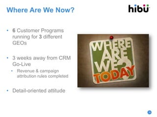 Where Are We Now?
• 6 Customer Programs
running for 3 different
GEOs
• 3 weeks away from CRM
Go-Live
• Revenue & campaign
attribution rules completed
• Detail-oriented attitude
18
 
